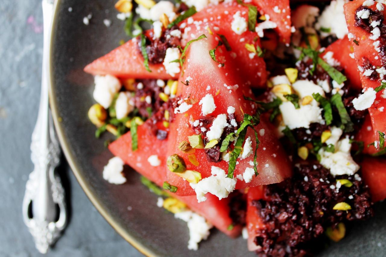 Summer Melon Salad with sea salty feta, black olives and grilled spicy squid
