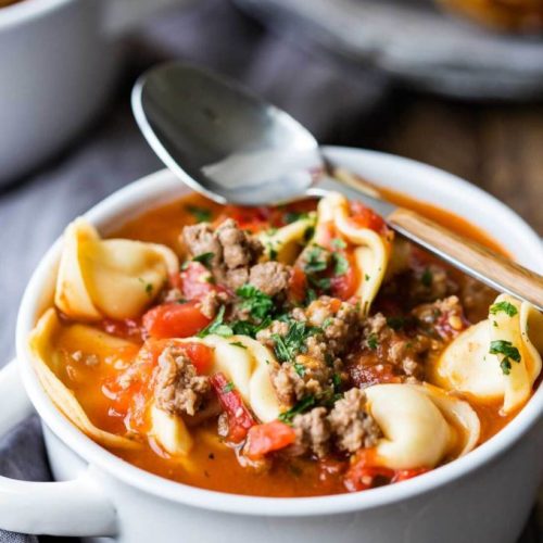 Ground Beef and Vegetable Soup with Cheese Tortellini