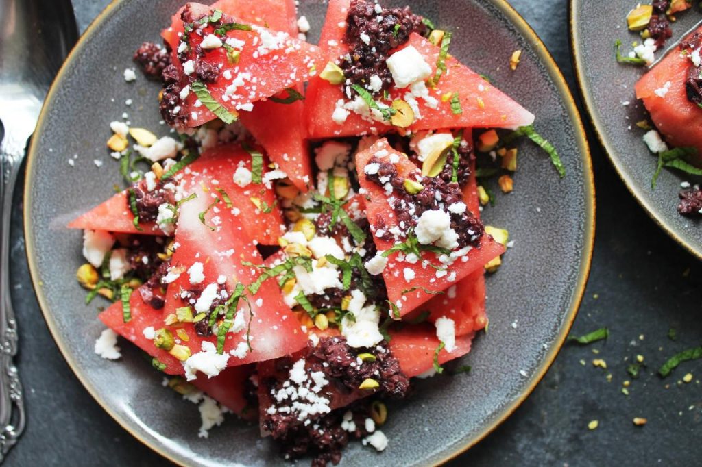 Summer Melon Salad with sea salty feta, black olives and grilled spicy squid