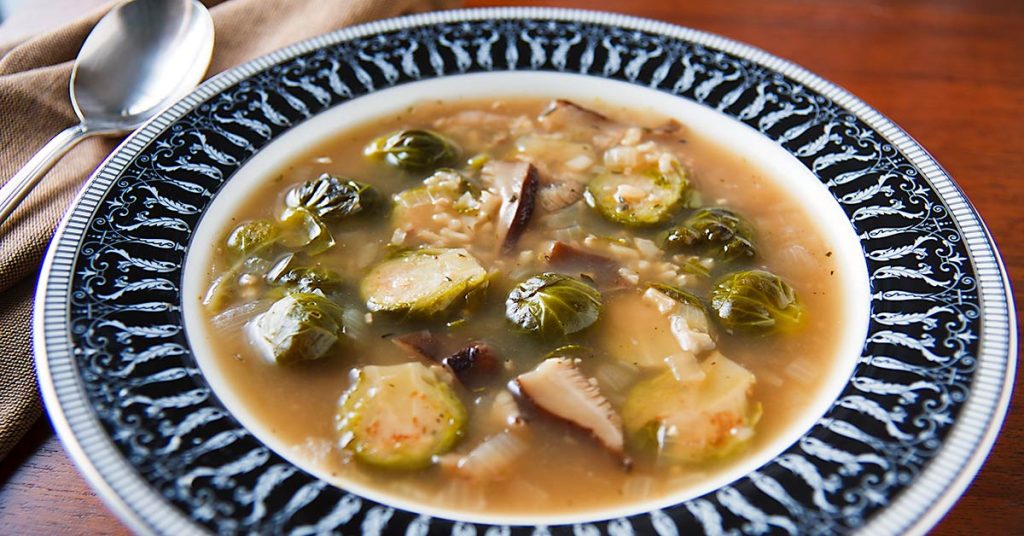 Shiitake Mushroom and Brussels Sprout Soup in a Bread Bowl